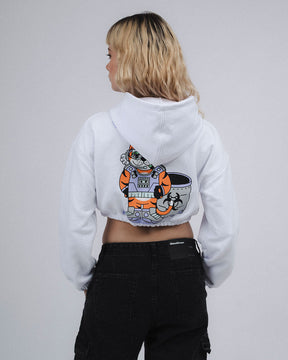 HOODIE CROP ENRESORTADO CELESTIAL CAT RADIANCE  BLANCO